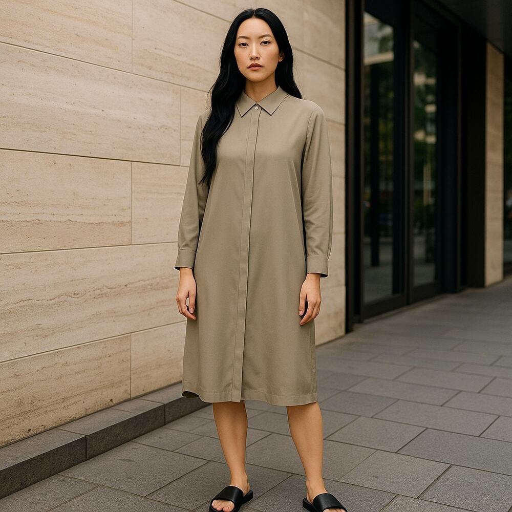 NWT Poetry Dress Women 6 Green Collared Lightweight Pure Silk Midi Dunkies Olive